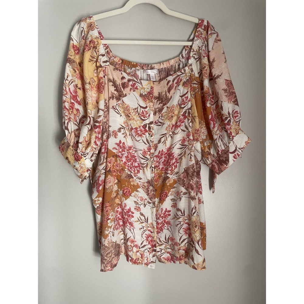 Lauren Conrad Women 2X Top Button Balloon Fall Floral Peasant Prairie Cottage